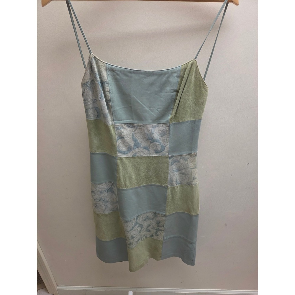 Vakko New York Genuine Leather Patchwork Mini Dress Sage Blue Floral Suede Sz 8
